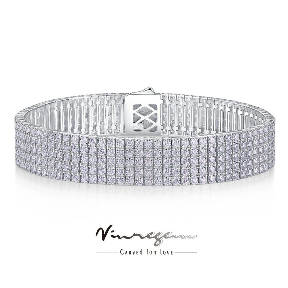 Vinregem VVS1 3EX D Color Sparkling 2 MM Real Moissanite Diamonds 5 Row Tennis Chain Bracelets 925 Sterling Silver Fine Jewelry