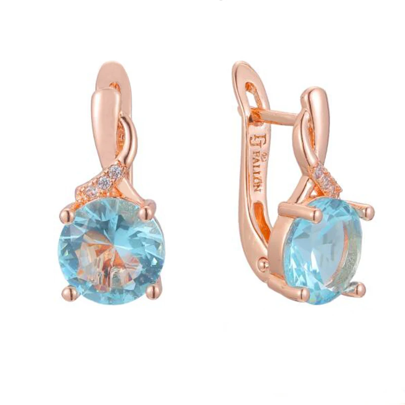 FJ Women 585 Rose Gold Color Round Light Blue White Crystal Twisted Dangle Jewelry Earrings