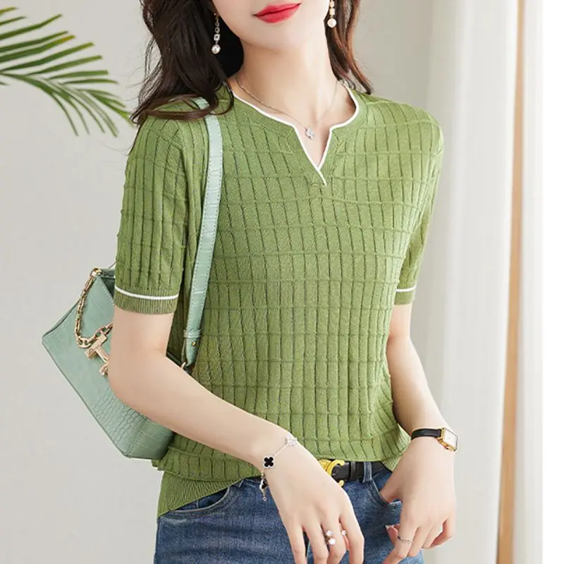 

Spring Summer Women's Solid Color Pullover Round Neck Screw Thread Short Sleeve Thin Sweater Knitted Casual Elegant T-shirt Tops