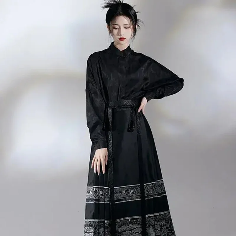 명나라 한푸 말 얼굴 스커트 여성용 플리츠 스커트, 블랙 화이트 셔츠 및 스커트 세트, 중국 전통 한푸 스커트 플러스 사이즈