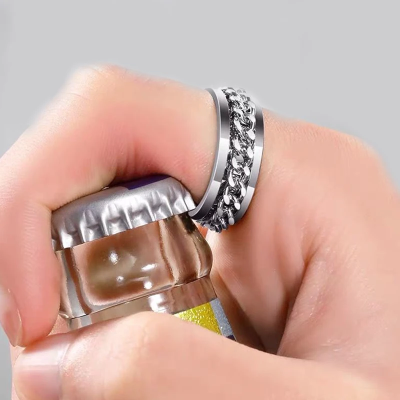 Stainless Steel Rotatable Chain Fidget Spinner Ring for Men - Stress Relief Band Jewelry Anillos De Hombres