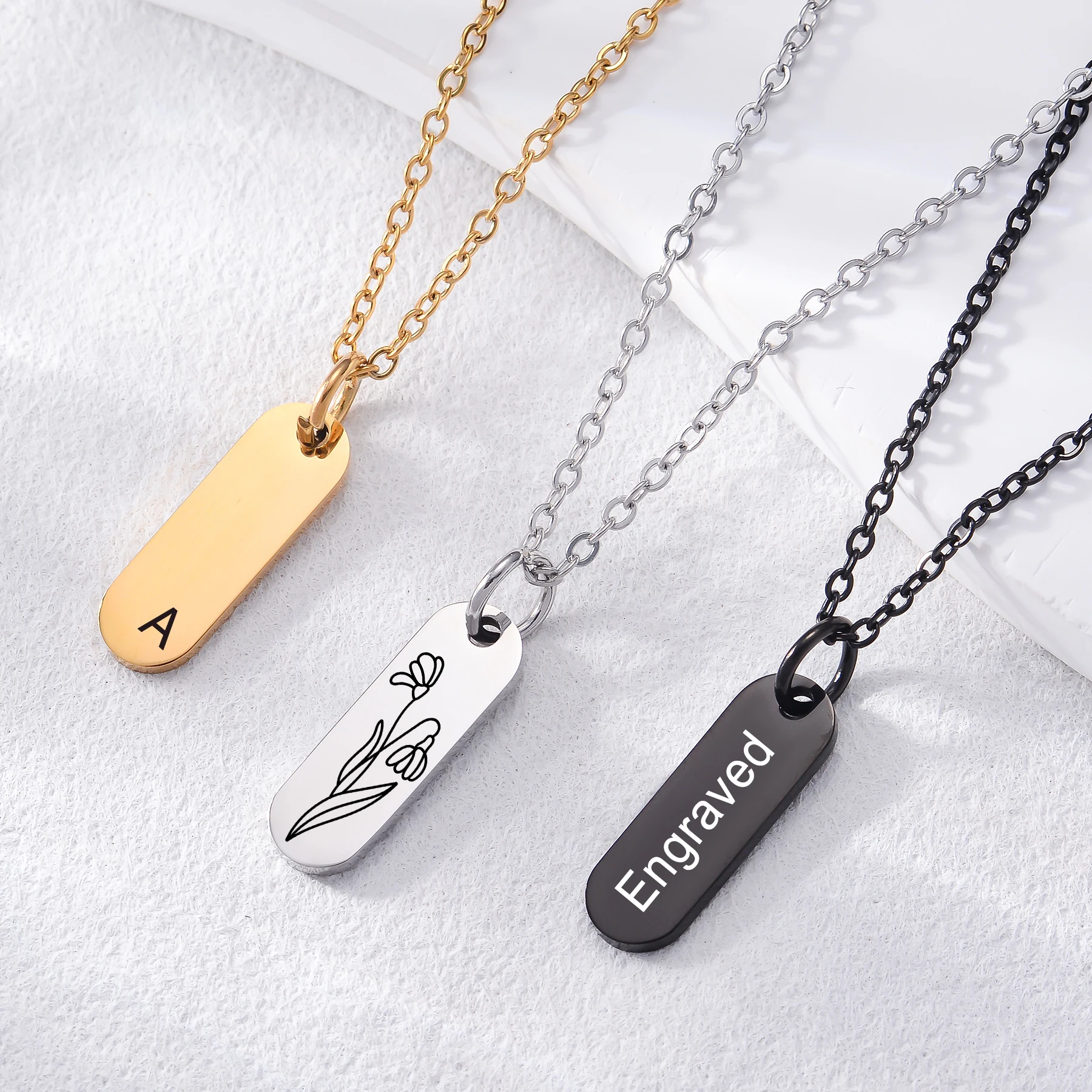 

Stainless Steel Glossy Rectangular Pendant Necklace for Men Women Engraved Name Text Logo A-Z Letters Jewelry Gift