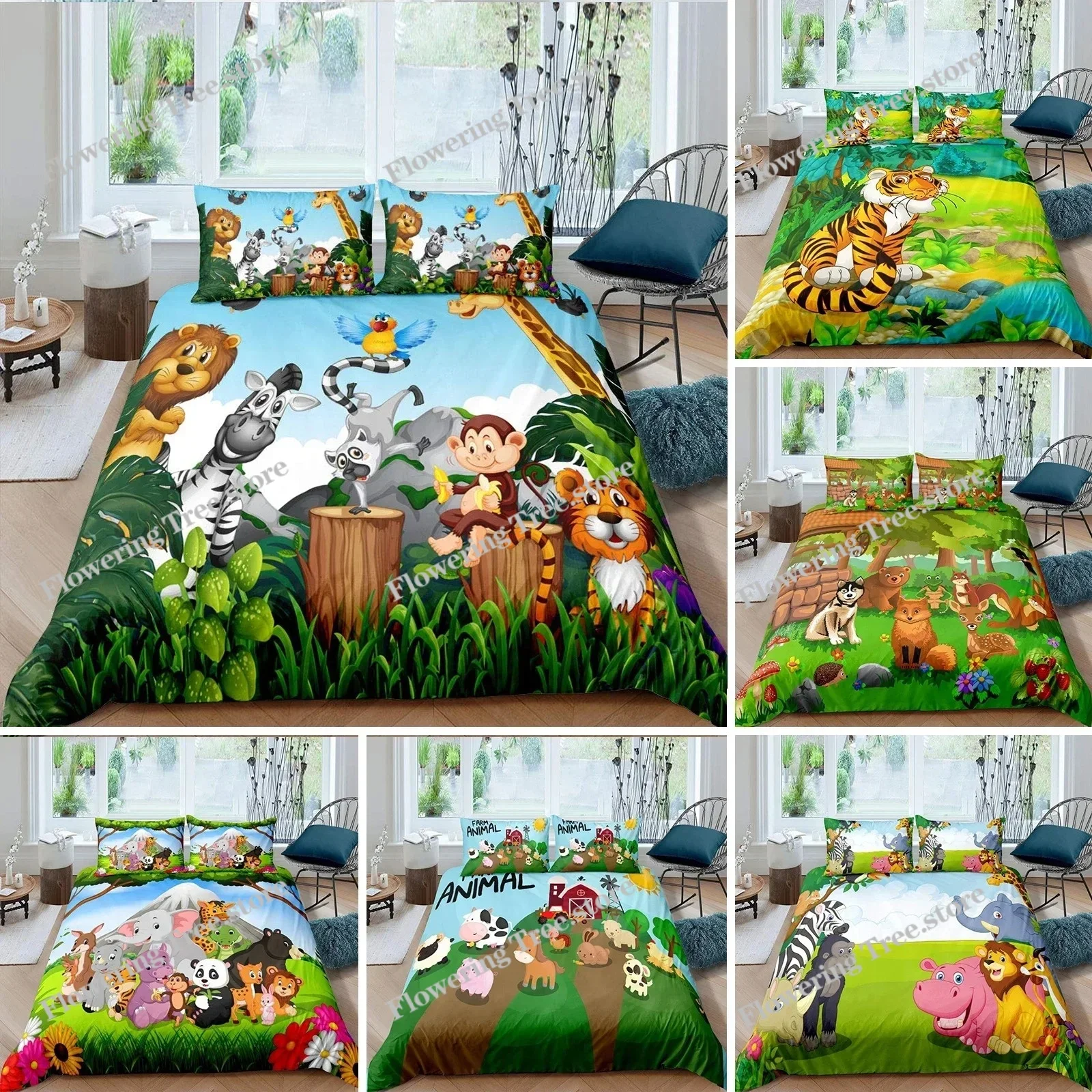Cartoon Animals Duvet Cover Set King Size Savannah Tropical Forest Jungle Wildlife Bedding Set Kids Zoo Polyester Quilt Cover