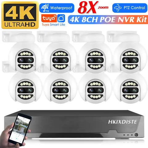 Tuya 스마트 라이프 4K POE NVR 키트 – 듀얼 렌즈 8MP, 8배 줌, POE 카메라 CCTV 감시 시스템, 모션 감지 PTZ IP 캠 키트