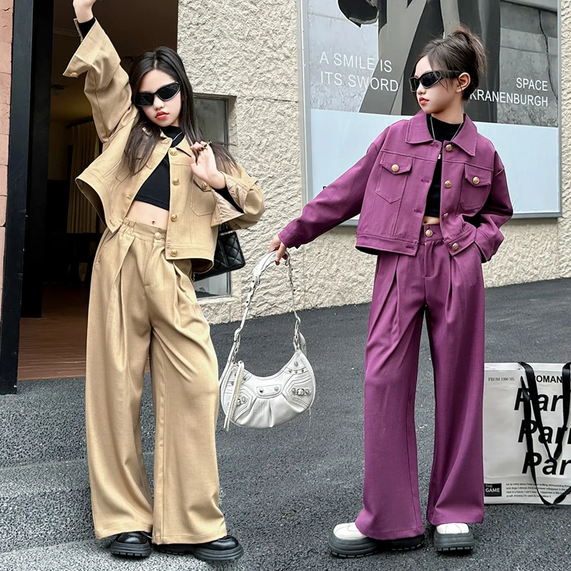 

autumn junior girls clothes set short jacket+Wide leg pants 2pcs Casual teen kids suit children outfits girls school clothing 14