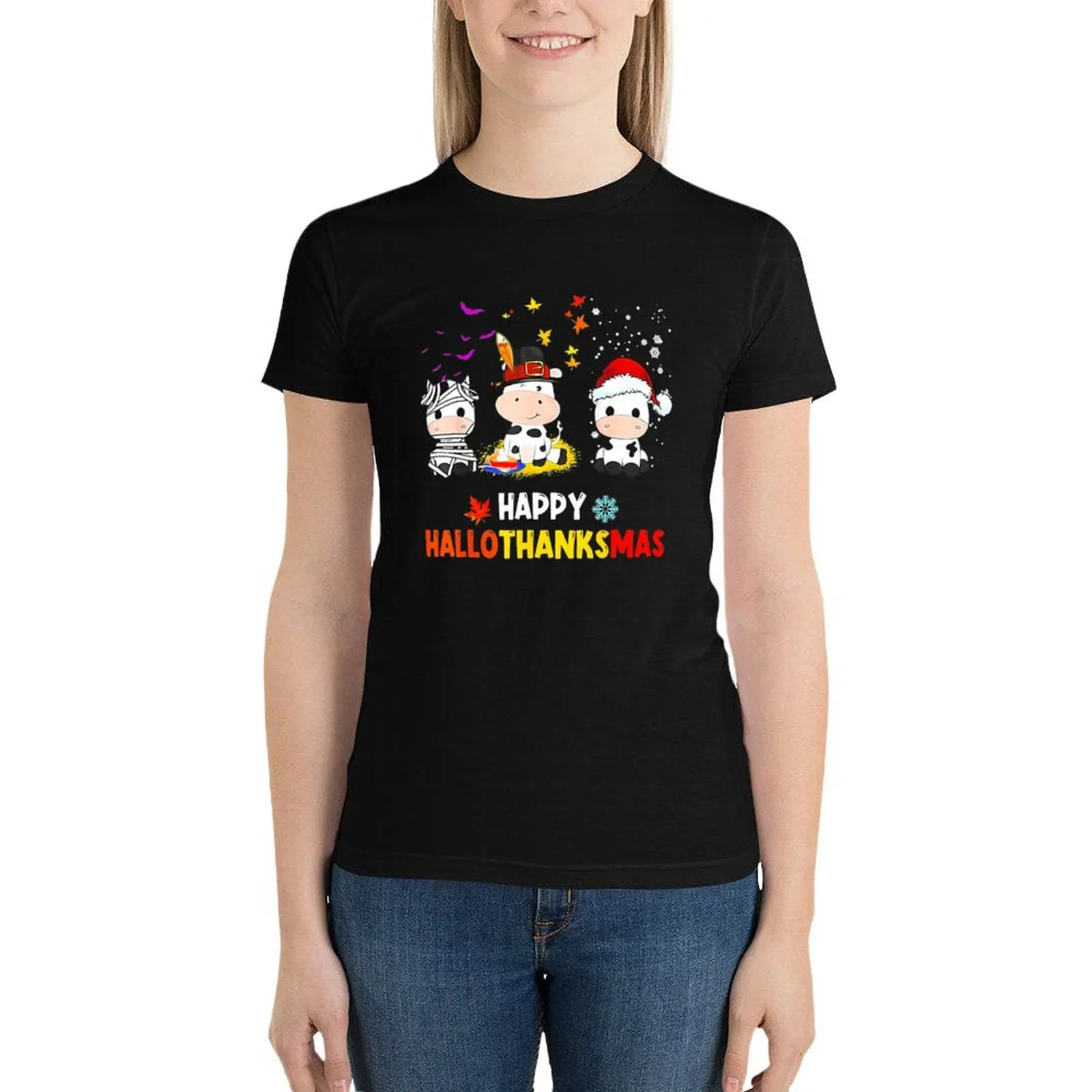 

Happy HalloThanksMas Santa Cow Halloween Thanksgiving T-Shirt anime clothes tees spring clothes Women 2024