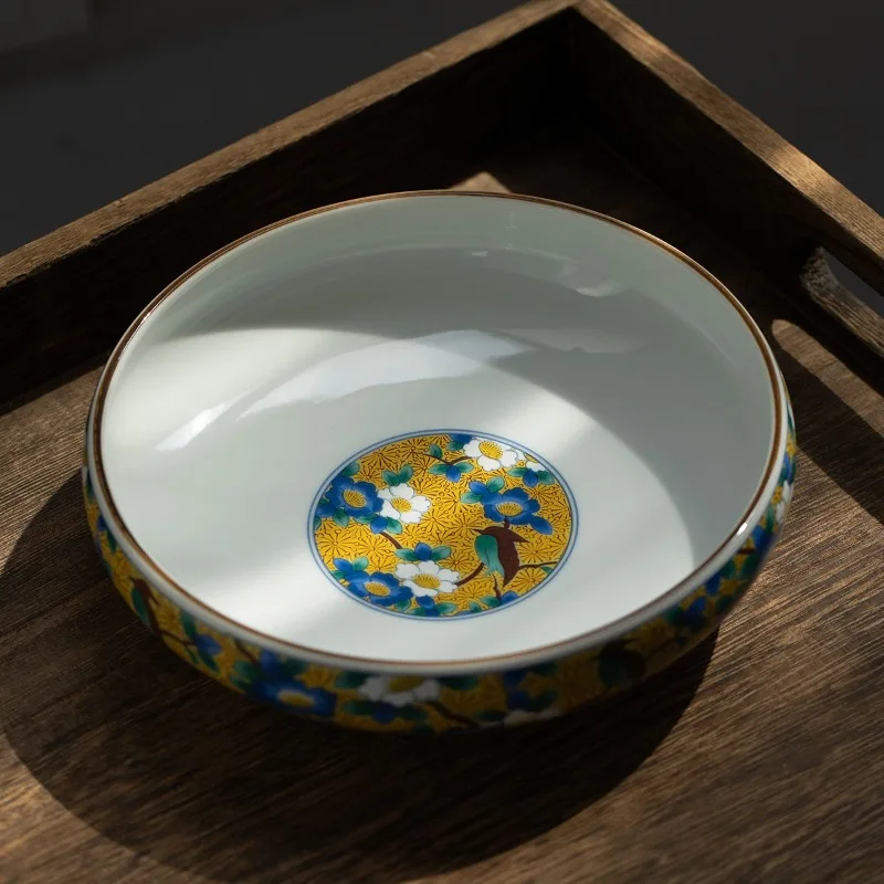 Japanese-Style Imari Yellow Flower & Bird Ceramic Deep Plate, Round Shallow Bowl, Side Dish, Vintage Rice Plate