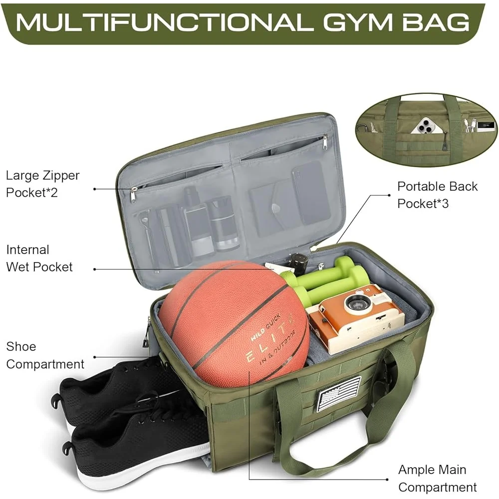 

3 in 1 Gym Bag Military Duffle Backpack with Shoe Compartment Tactical Travel Bag with Wet Pocket Outdoor Activities