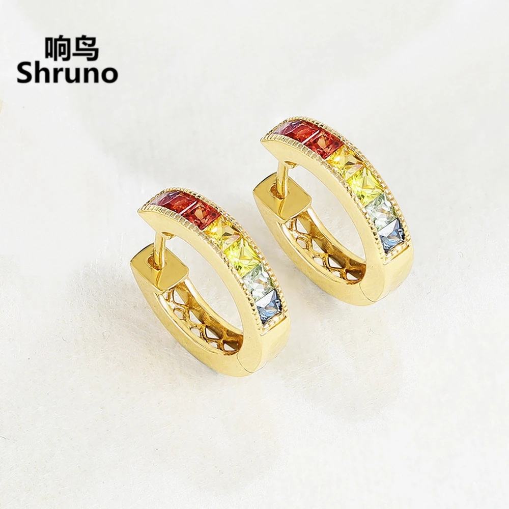 Shruno Solid 14K Yellow Gold Princess Cut Genuine Rainbow Sapphire Earrings For Women's Simple Gemstone Jewelry Hoop Earrings