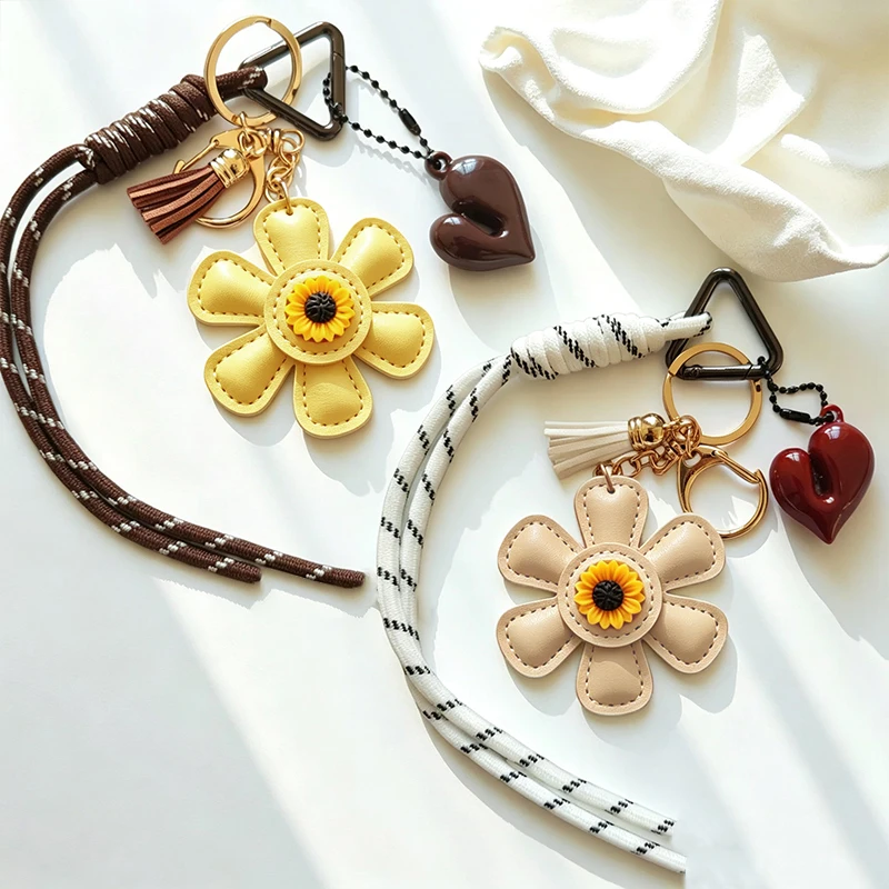 PU Leather Sunflower Bag Heart Pendant Charm Keychain Braided Cord, Retro Accessory for Women Bags & Keys