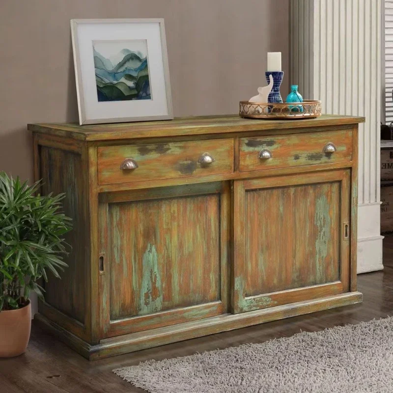 Teak Cabinets 2 Door Sliding Straps 2 Drawers Living Room, or Family Multifunctional Solid Wood Furniture