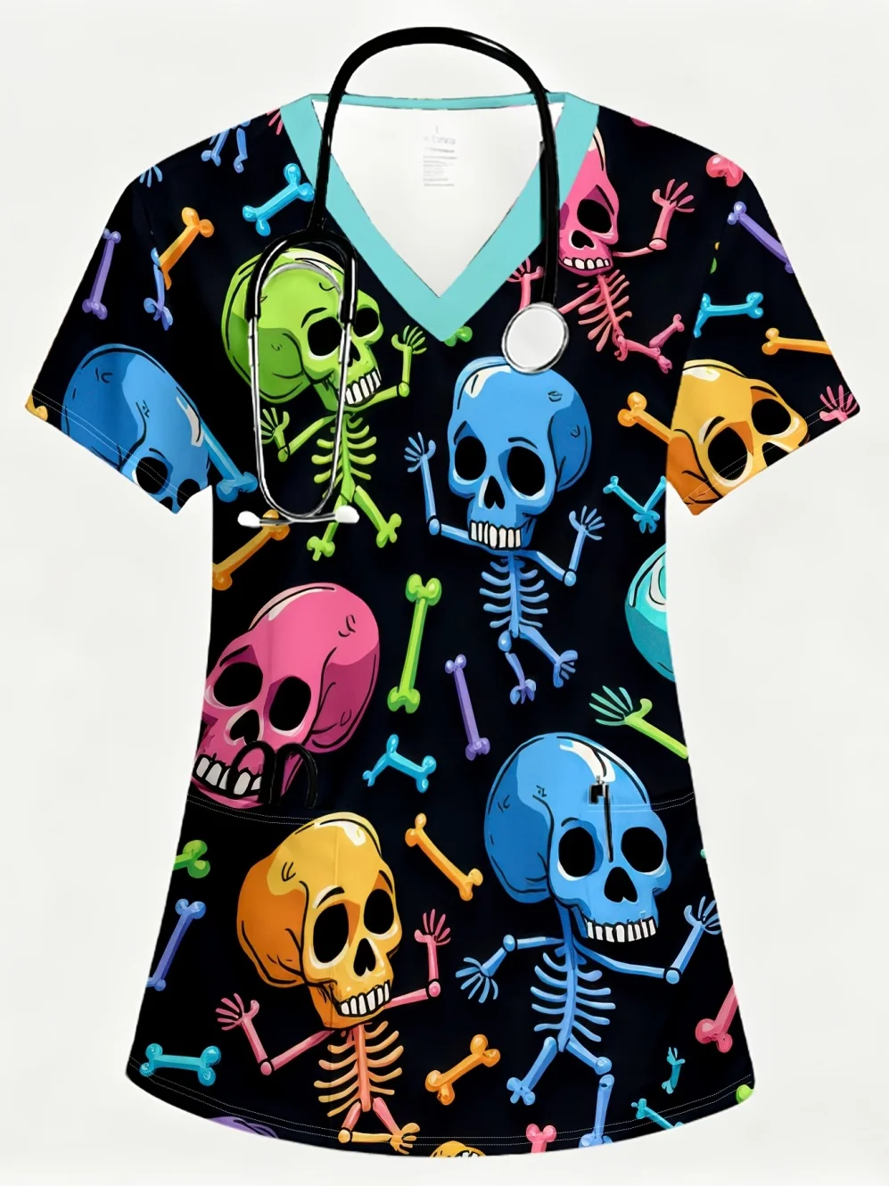 Halloween Elegant Women V-Neck Short Sleeve Top Comfortable Cute Print Multicolor Skull Skeleton Pattern Women's Medical Uniform