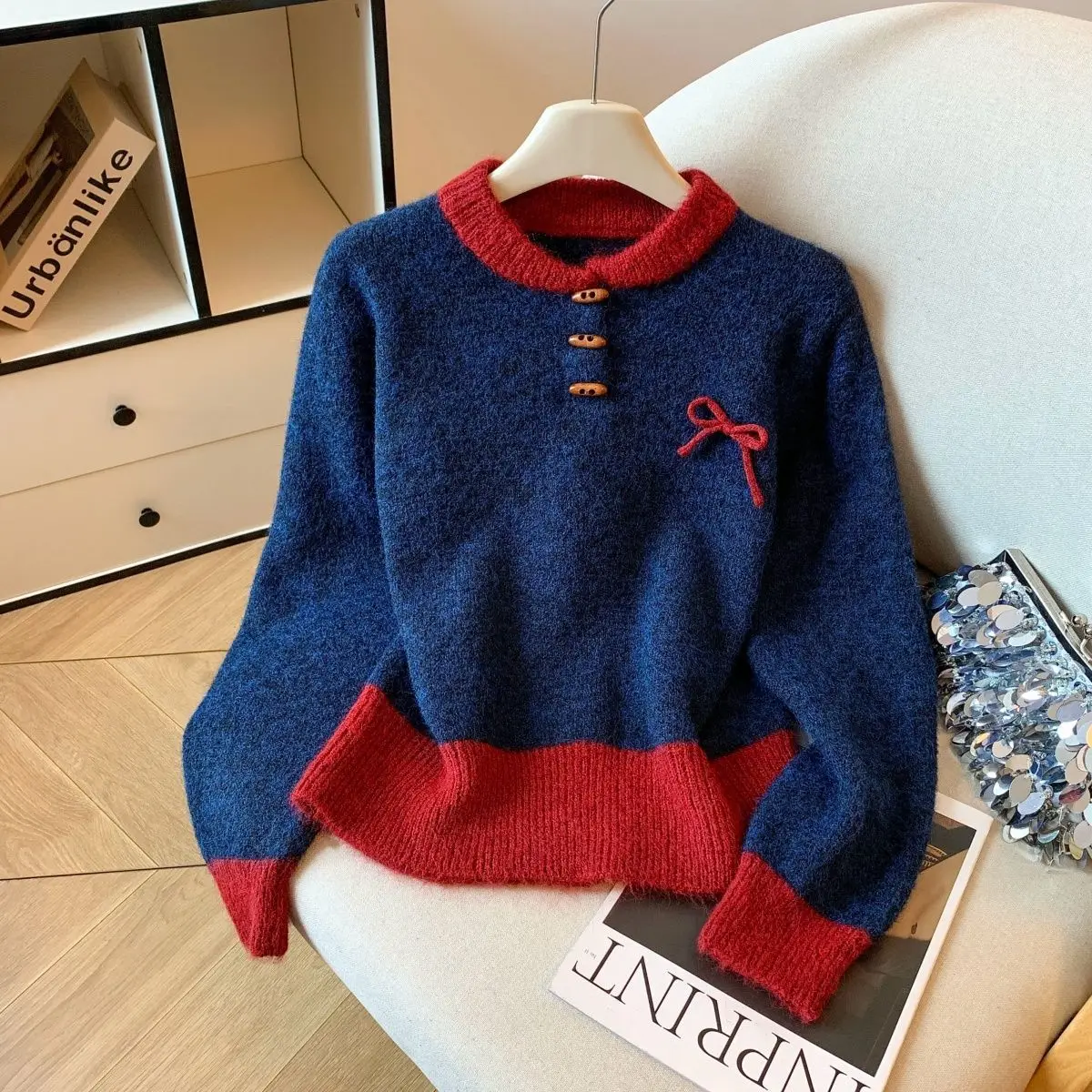 Pull en tricot avec boucle d'angle, couleur contrastée, nouvelle collection automne-hiver 2026, doux et cireux, nœud papillon, haut de gamme, mode femmes