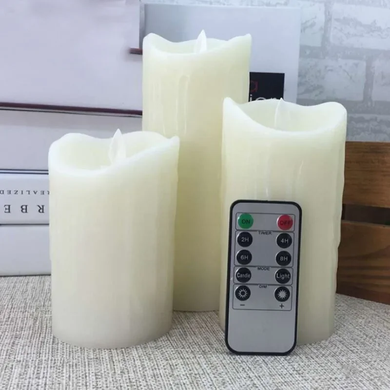 Set of 3 Flickering Pillar LED Candle Light Remote control w/Timer Dripped Paraffin Wax Swinging Dancing wick Home Decor-Amber