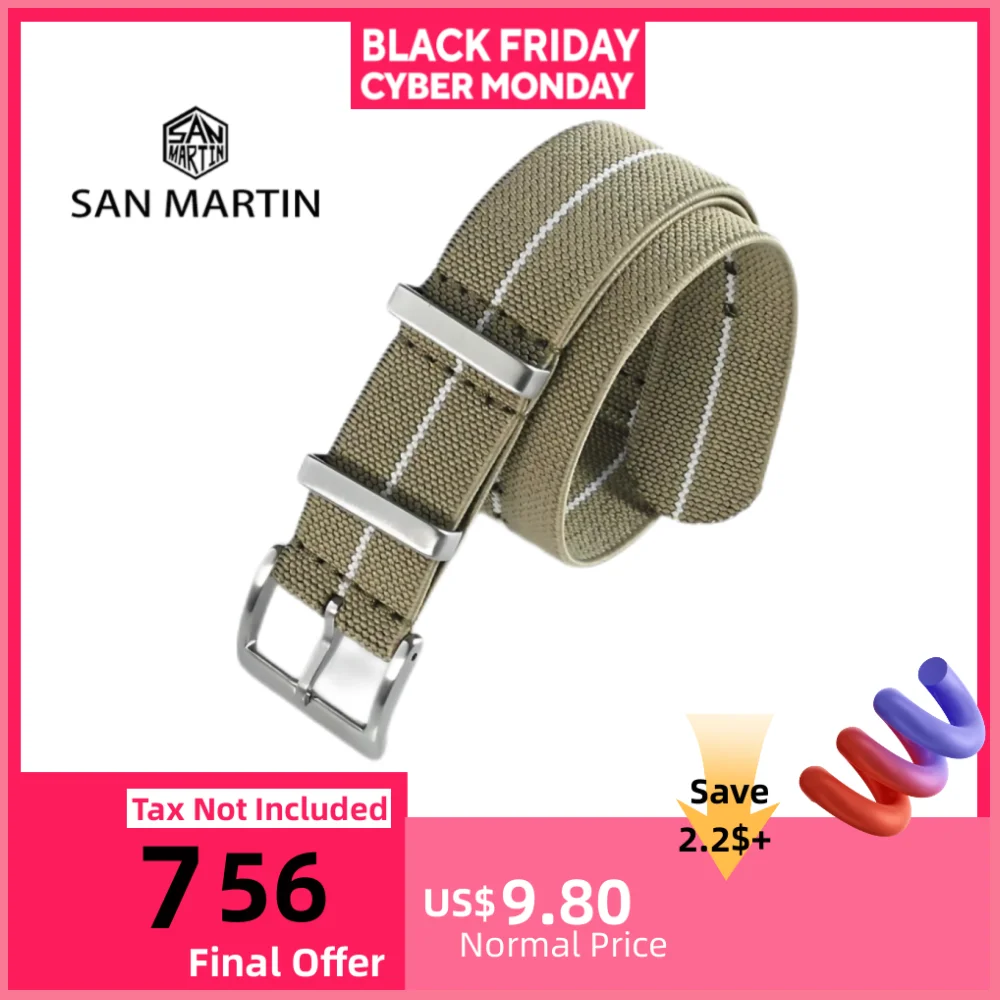 

Нейлоновый ремешок для часов San Martin, эластичный ремешок 22 мм, 20 мм, ремешки премиум-класса для часов для мужчин и женщин, пот с пряжкой BD0001