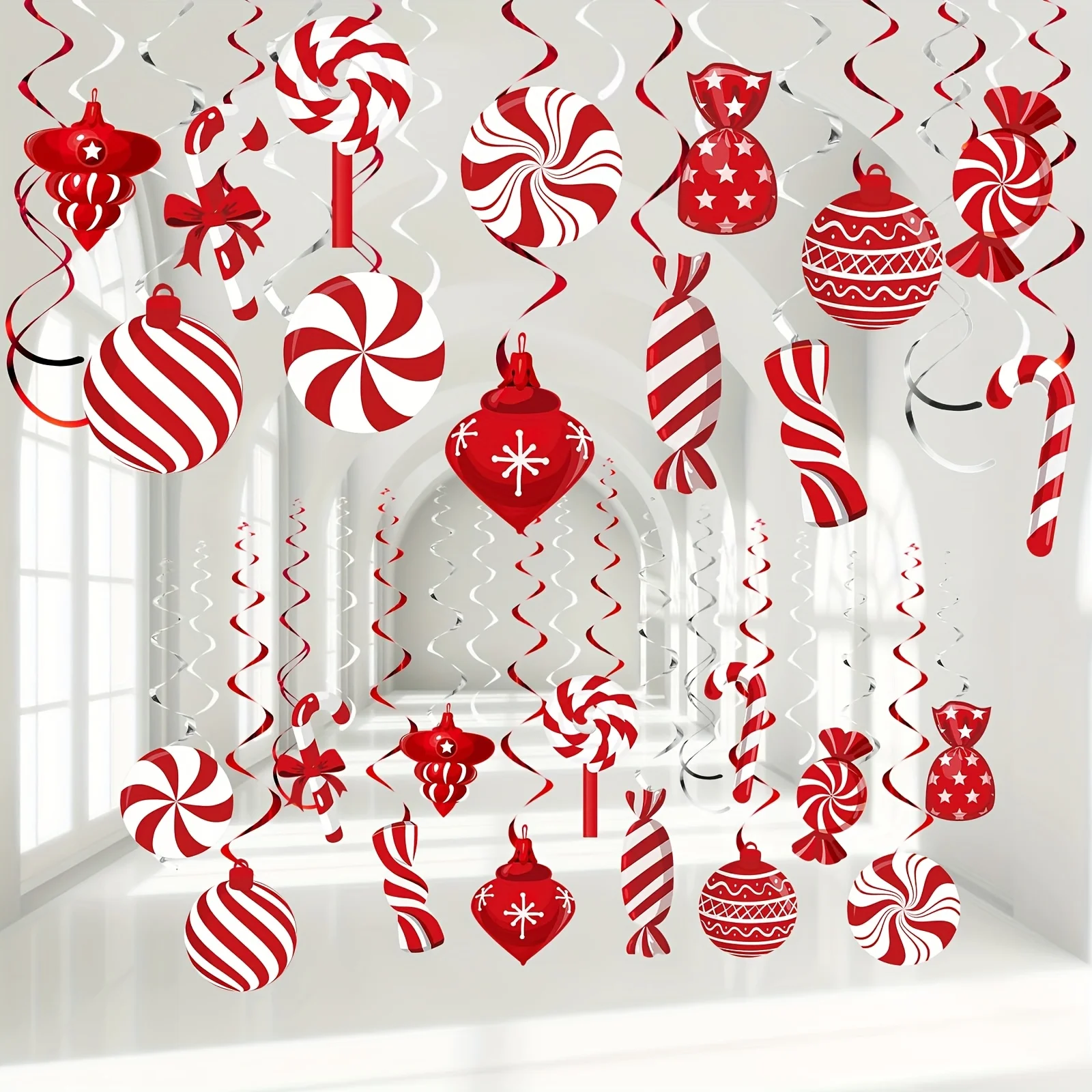 26pcs Set of Red And White Peppermint Candy Swirl Decorations – Festive Ceiling Streamers for Christmas Party Decoration