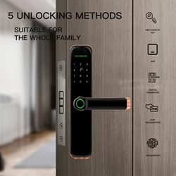 Tuya WiFi Fingerprint Biometric Smart Door Lock Metal Brushed Pattern Keyless Entry Password Card Dual Verification Mode