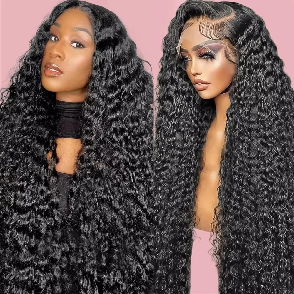 

1B Deep Wave Human Hair Wigs Transparent Lace Frontal Wigs 13×4 Pre Plucked 200 Density Lace Front Human Hair Wigs