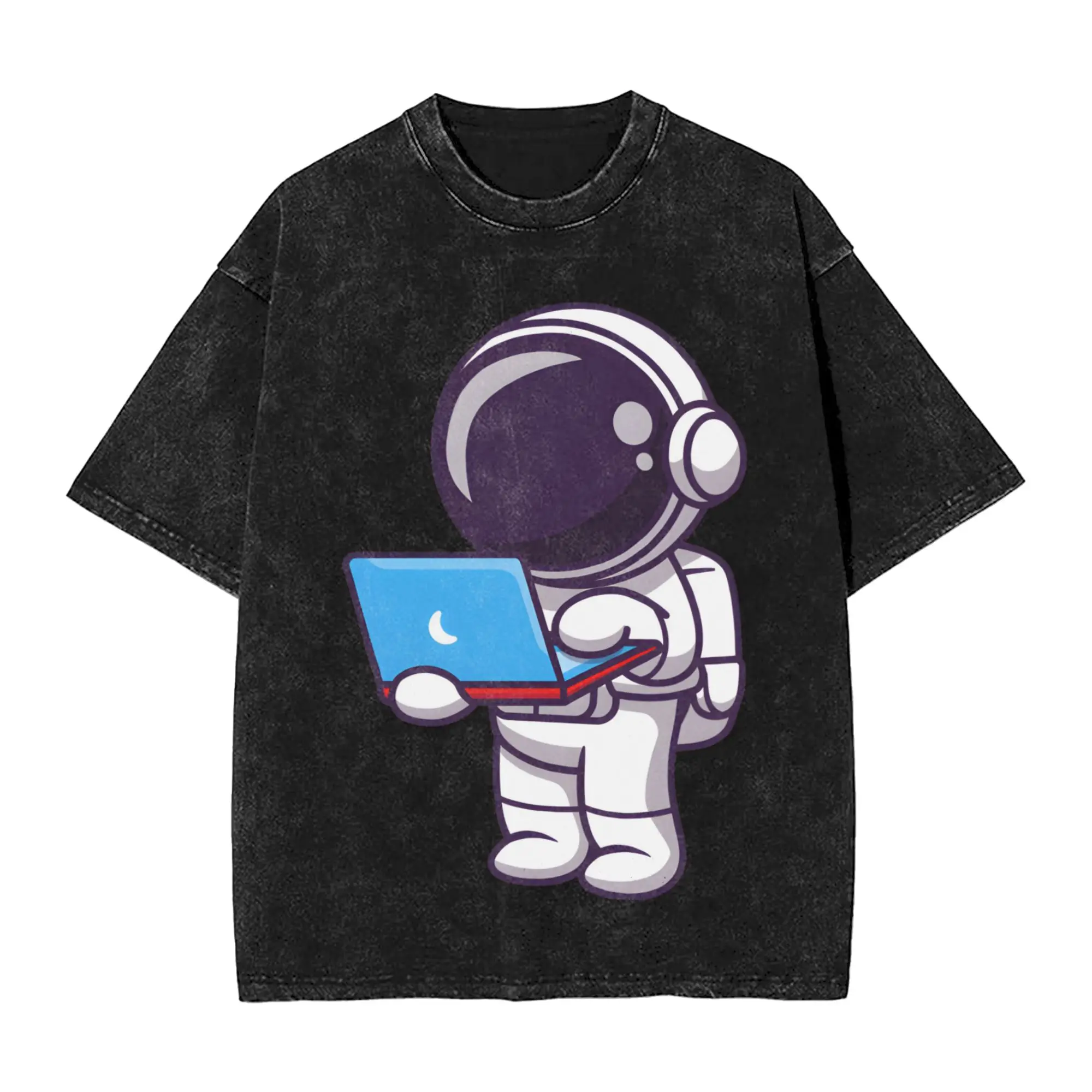 Cute Astronaut Working On Laptop T Shirts Hip Hop Washed Cotton Harajuku T-Shirt Programmer Retro for Men Tops Streetwear Tees
