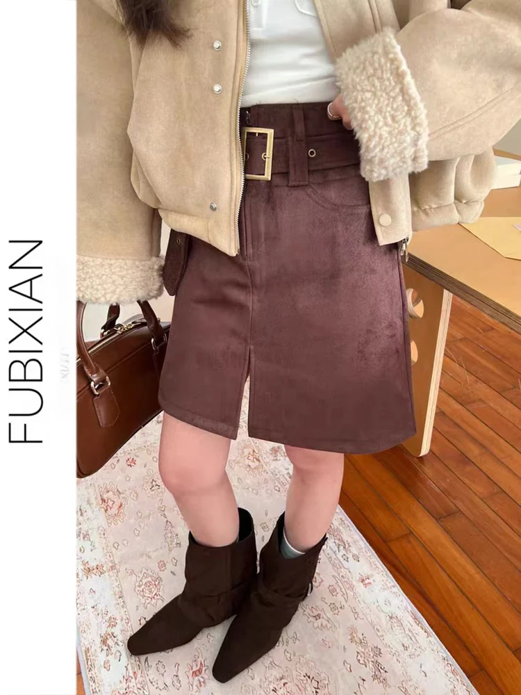 

Женская короткая юбка Cé Brown из замши, осенне-зимняя новинка, ретро-стиль, повседневная, с разрезом, модная, А-силуэт, облегающая