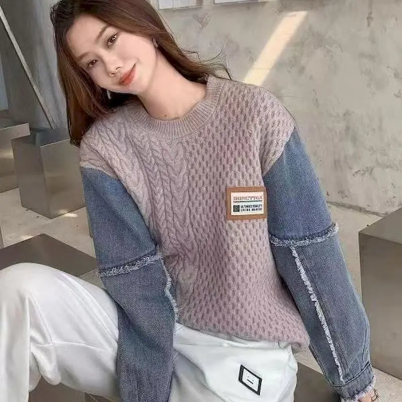 Spring Autumn Trendy Sweaters Women Fashion Denim Patchwork Knit Pullovers Niche Design Loose Sweater Y2k Tops Womens Clothes