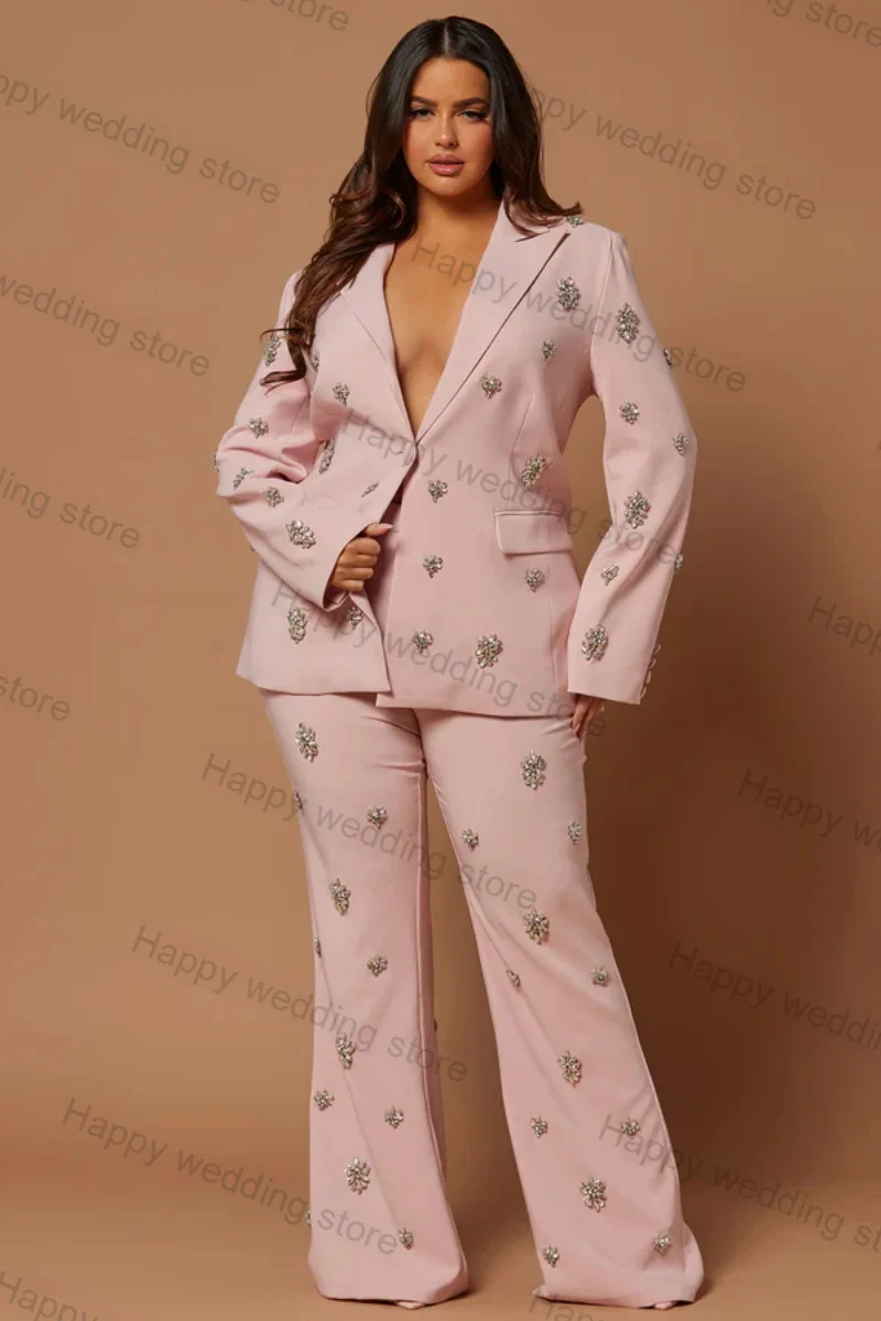 Crystals Pink Formal Women Suit Pants Set 2 Piece Blazer+Trousers Luxury Business Office Lady Coat Jacket Customized Prom Dress