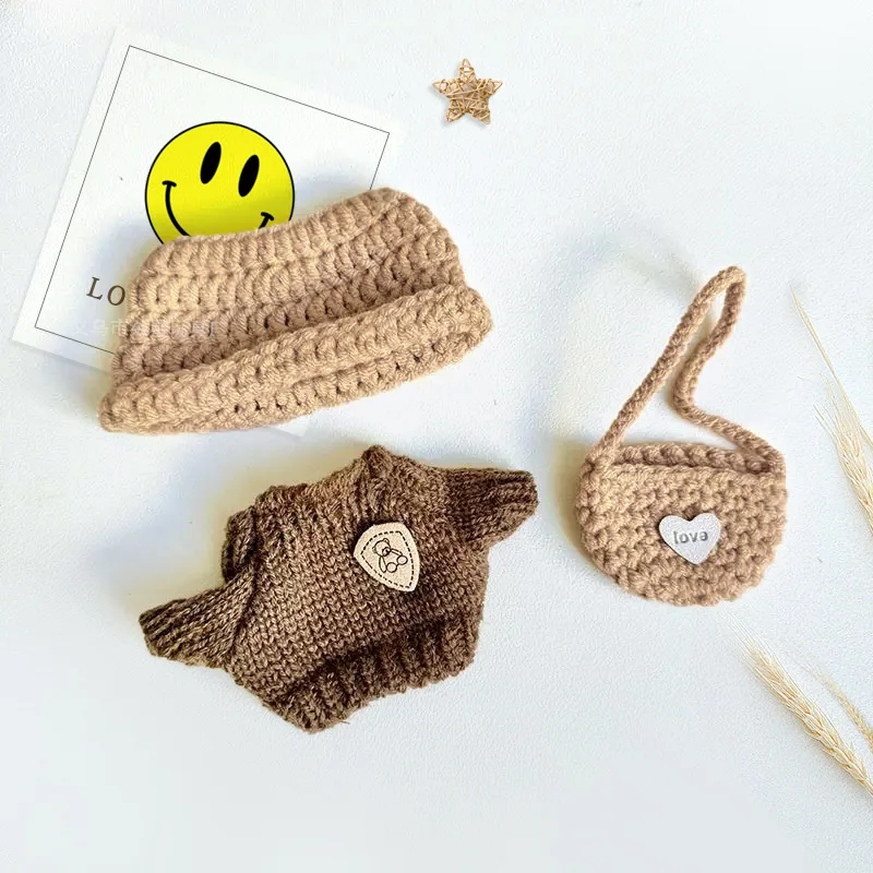 For Labubu Doll Clothes 17CM Handmade Crochet Sweater Hat Crossbody Bag 3pcs Outfit Set for 17cm Labubu Vinyl Doll Dress Up