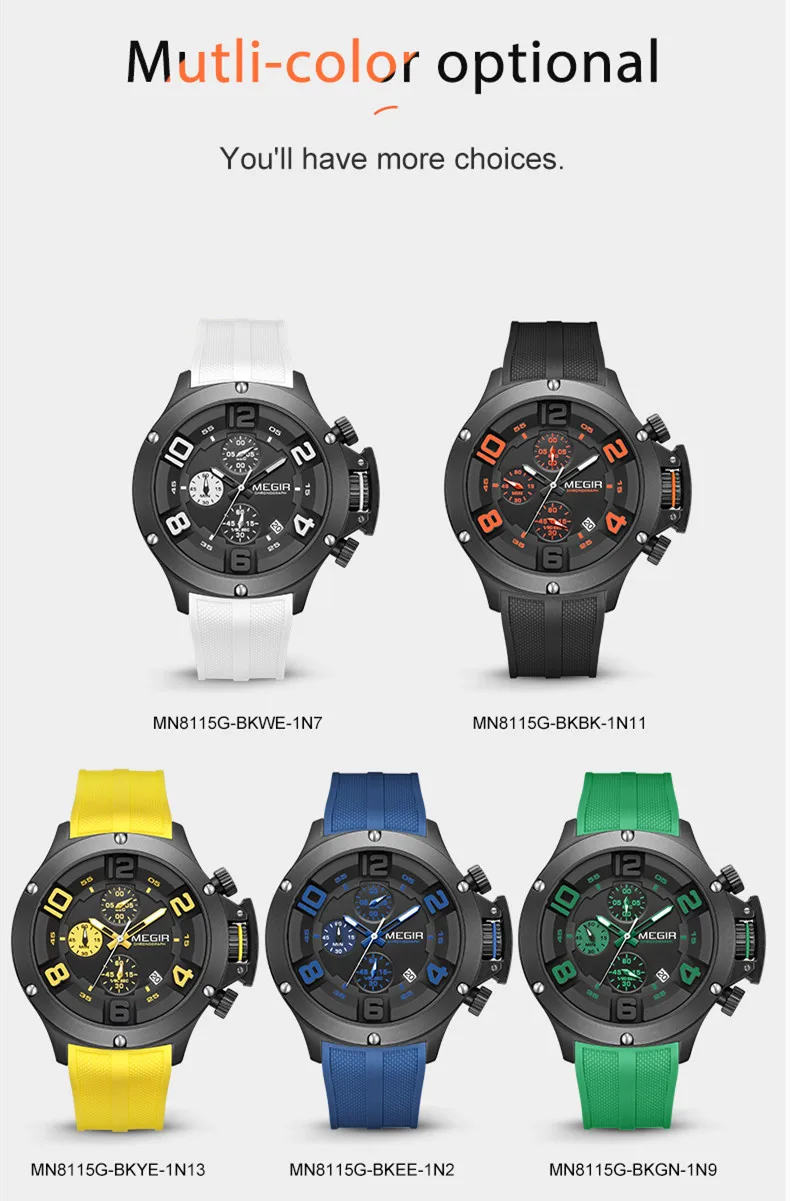 MEGIR Relogio Masculino Luxury Quartz Watch for Men Yellow Silicone Strap Military Sport WristWatch Chronograph Auto Date 8115