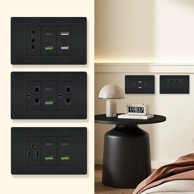 Italy Chile Mexico Outlet with USB Smart Type-c 20W Fast Charging Wall plug,Brazil Electric Light Switch Dual usb Power Socket