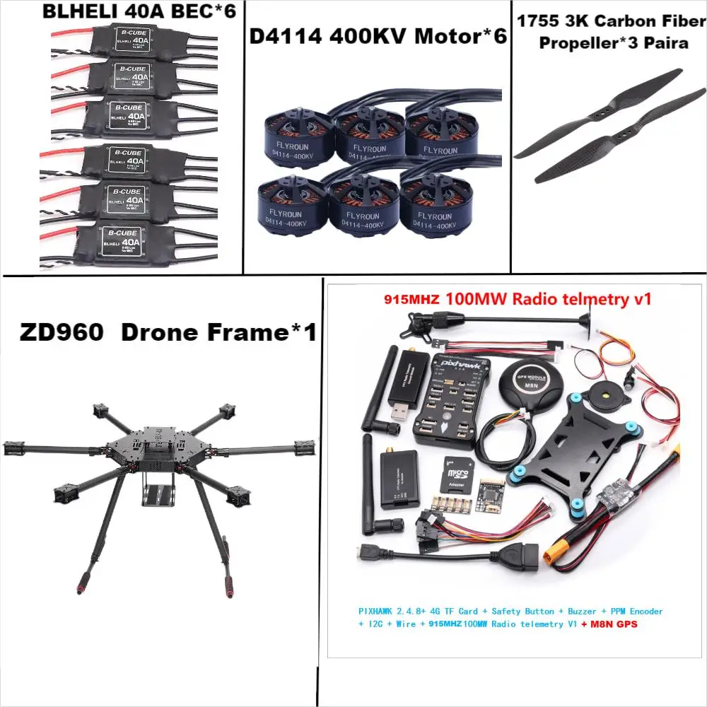 Angeltoy ZD960 PIXHAWK2.4.8 M8N Estrutura hexa-rotor de fibra de carbono completa BLHELI 40A ESC Conjunto de telemetria Rado de controle de voo