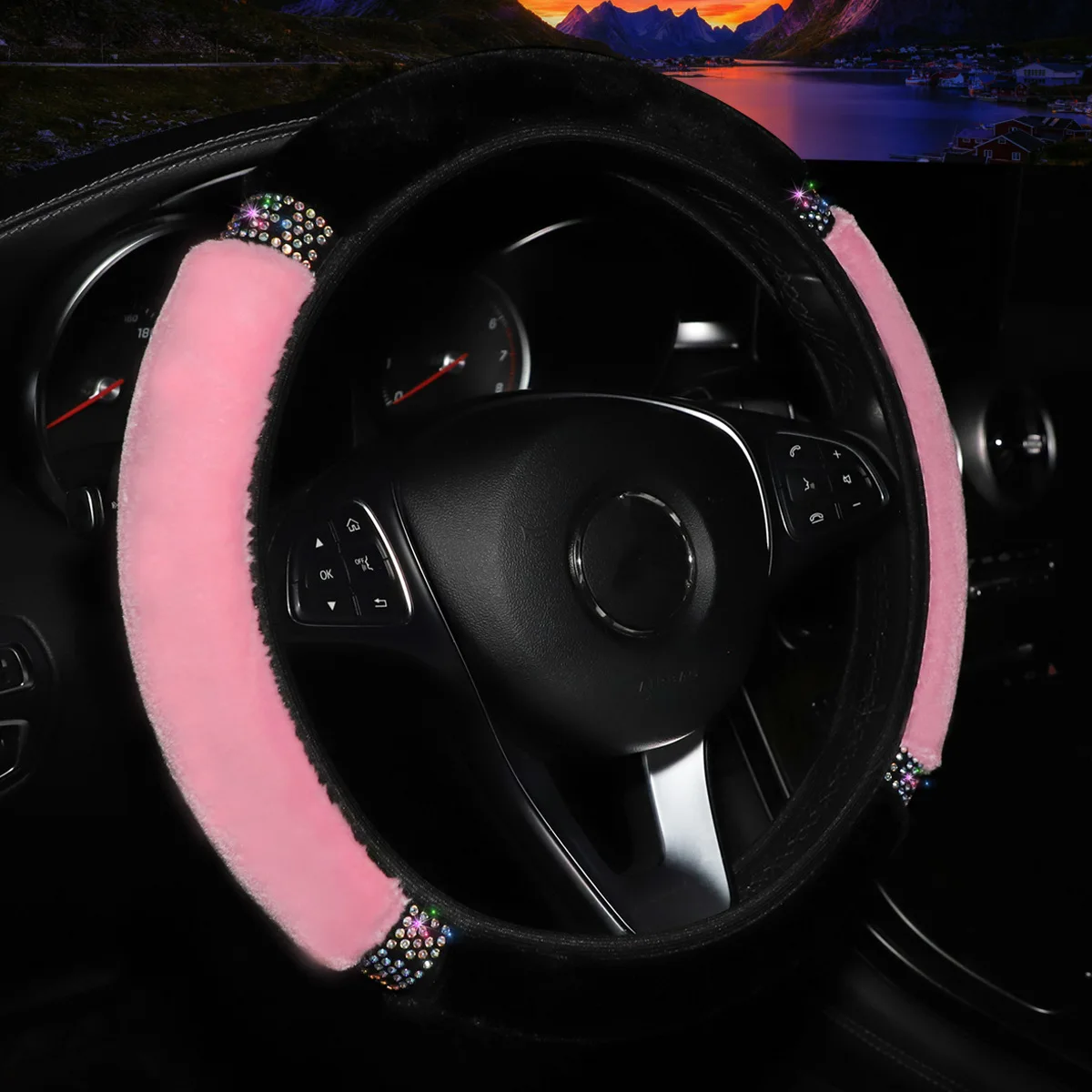 Uniwersalny 37-38cm średnica miękki pluszowy Rhinestone osłona na kierownicę samochodu akcesoria wewnętrzne czarny różowy pokrowiec na kierownicę samochodu — zdjęcie 4