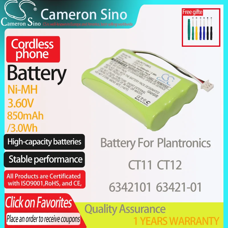 CameronSino Battery for Plantronics CT11 CT12 fits Plantronics 6342101 63421-01 Cordless phone Battery,Landline battery 850mAh