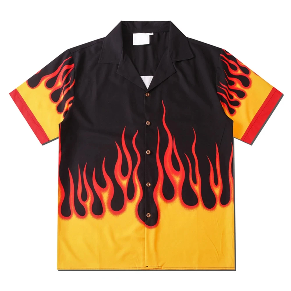 Dark Icon Flame Printed Men\'s Shirts Button Down Vintage Summer Street Shirts for Man Holiday Beach Shirts Hip Hop Man Clothing