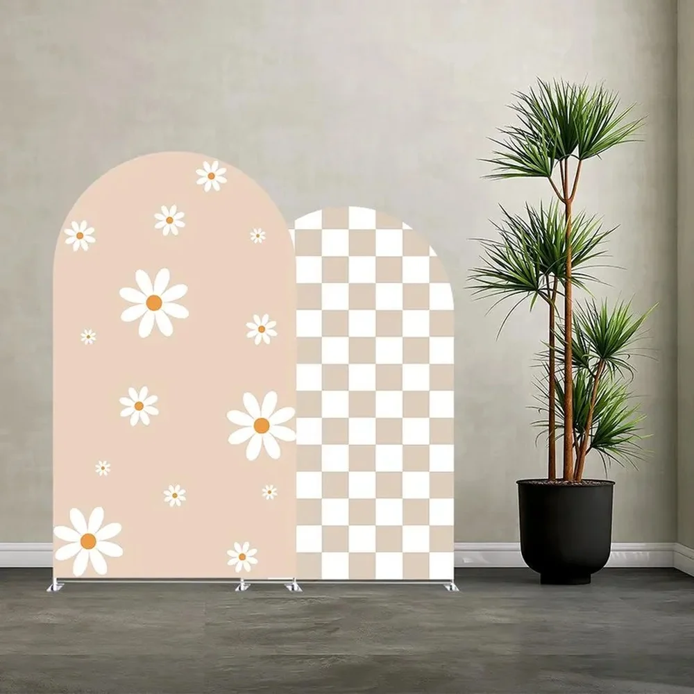 Mehofond Arch Backdrop Gentle Minimalist Daisy Checkerboard Pattern Kids Baby Birthday Party Decor Studio Photography Background