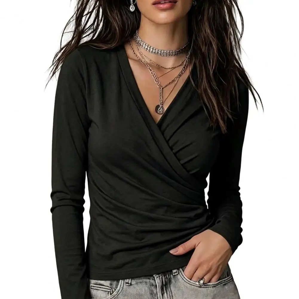 V-Neck Long Sleeve Top for Women,Relaxed Fit Sexy Pleated Shirt, Fall Solid Color Travel Clothing for Office Work