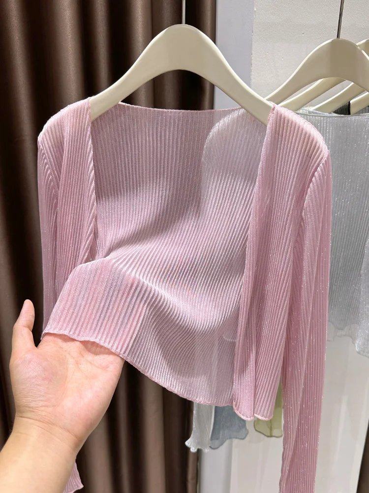 

Нежно-розовый длинный кардиган с отделкой, женский, летний, тонкий, полупрозрачный, для помещений с кондиционером и улицы