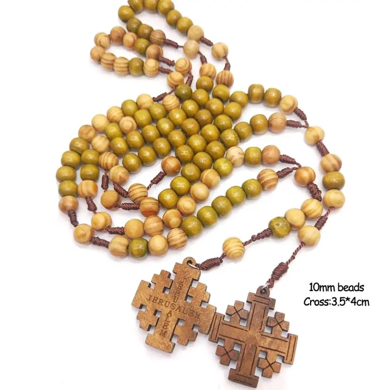 2024 New Jesus Wooden Prayer Beads 10mm Rosary for Cross Necklace Pendant Woven Rope Chai