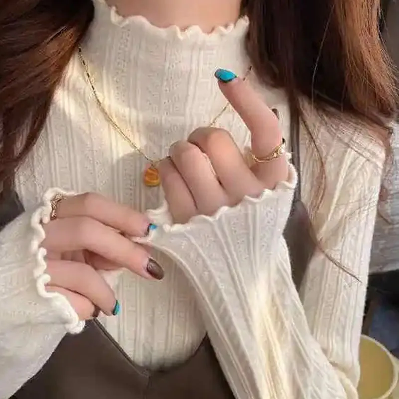 

Women Clothing Sweaters Fashion Ruffled Collar Knitted Sweater Women Pullovers Long Sleeve Knit Sweater Pullover Women Tops Q760