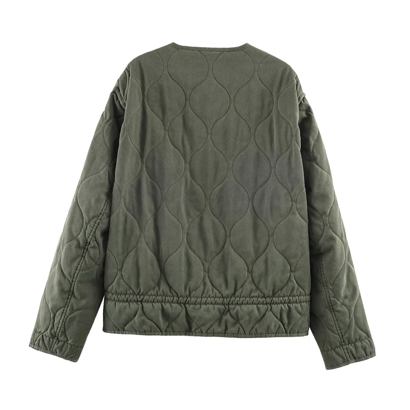 Kurtka damska 2025 zimowa nowy styl wojskowa zieleń długi rękaw pikowana ozdobna okrągły dekolt bawełniana kurtka codzienna moda