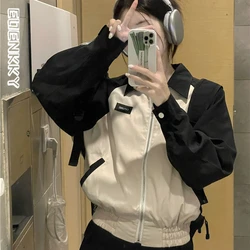 Korean Cropped Jacket Women Patchwork Casual College Track Jackets Female Streetwear Zipper Loose Sports Varsity Windbreaker New