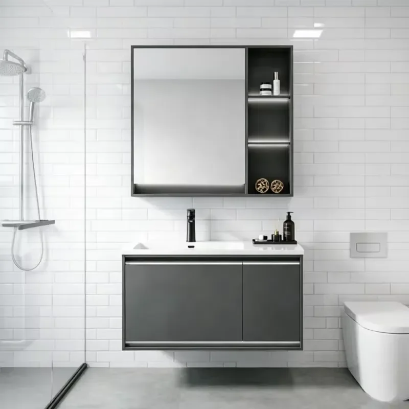 BESTME Modern Multi-layer Aluminum Painted Board Hotel Bathroom Vanity Cabinet Ceramic Basin Stainless Steel Drainer