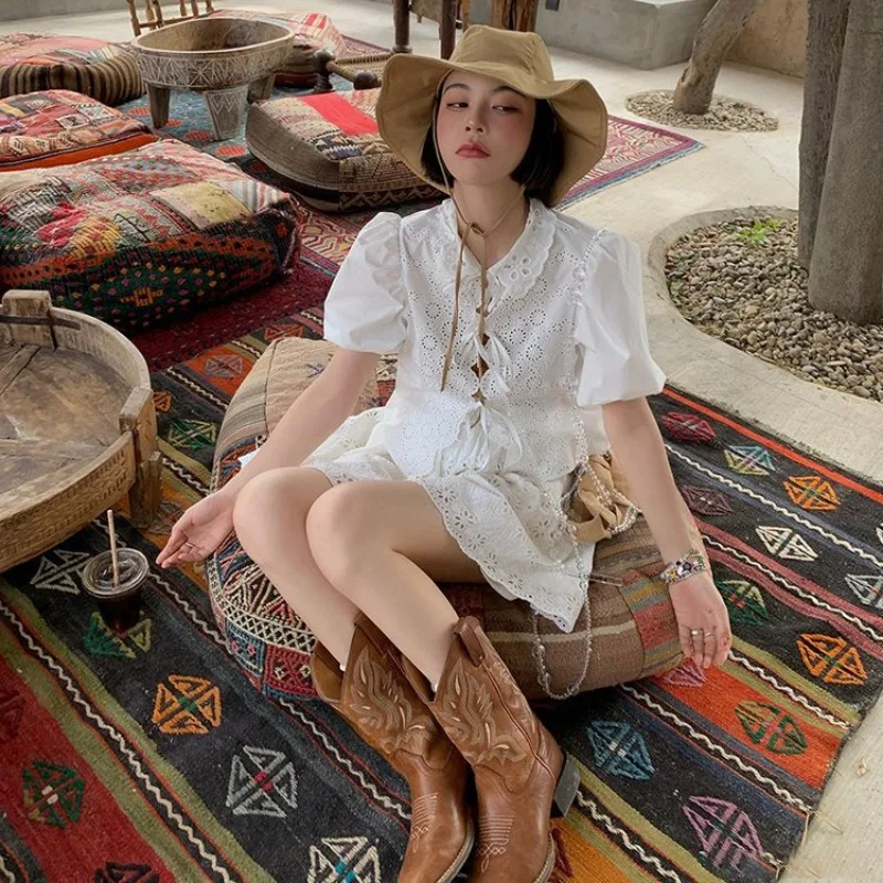 

Summer Thick Heel All-match Western Cowboy Boots V-mouth Embroidery Sleeve Riding Boots Retro Mid-tube Square Toe Knight Boots