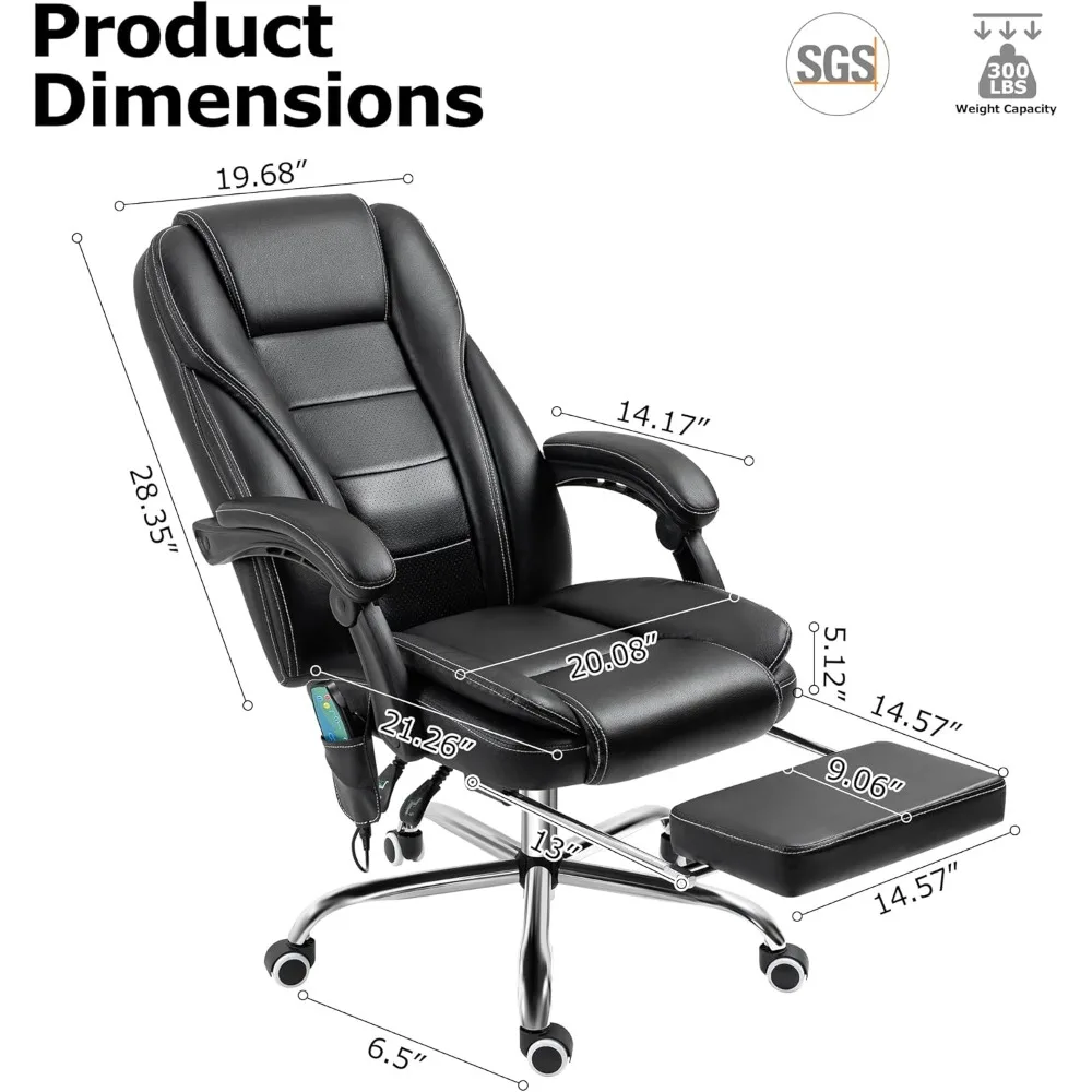 Silla de oficina de masaje reclinable con reposapiés, silla ejecutiva ergonómica de Espalda alta con función de calefacción y vibración (negro)