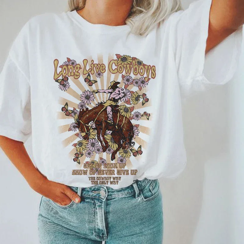 Long Live Cowboys 70s Retro Western T Shirt Vintage Boho Cowgirl Women's T-Shirt Funny Country Music Tshirts Rodeo Graphic Tees