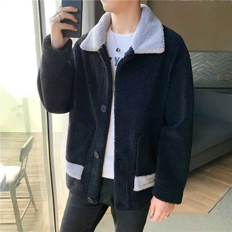 Men's Winter Juvenile Lamb Wool Collared Cotton Padded Jacket Stylish and Warm Fleece Coat for Teens Students