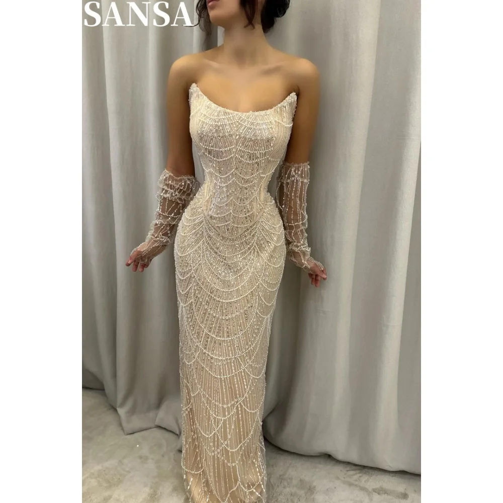 Sansa Formal A-Line Besding Satin Evening Dress Customized Strapless Floor-Length Wedding Dress Sleeve Cover Vestidos De Fiesta