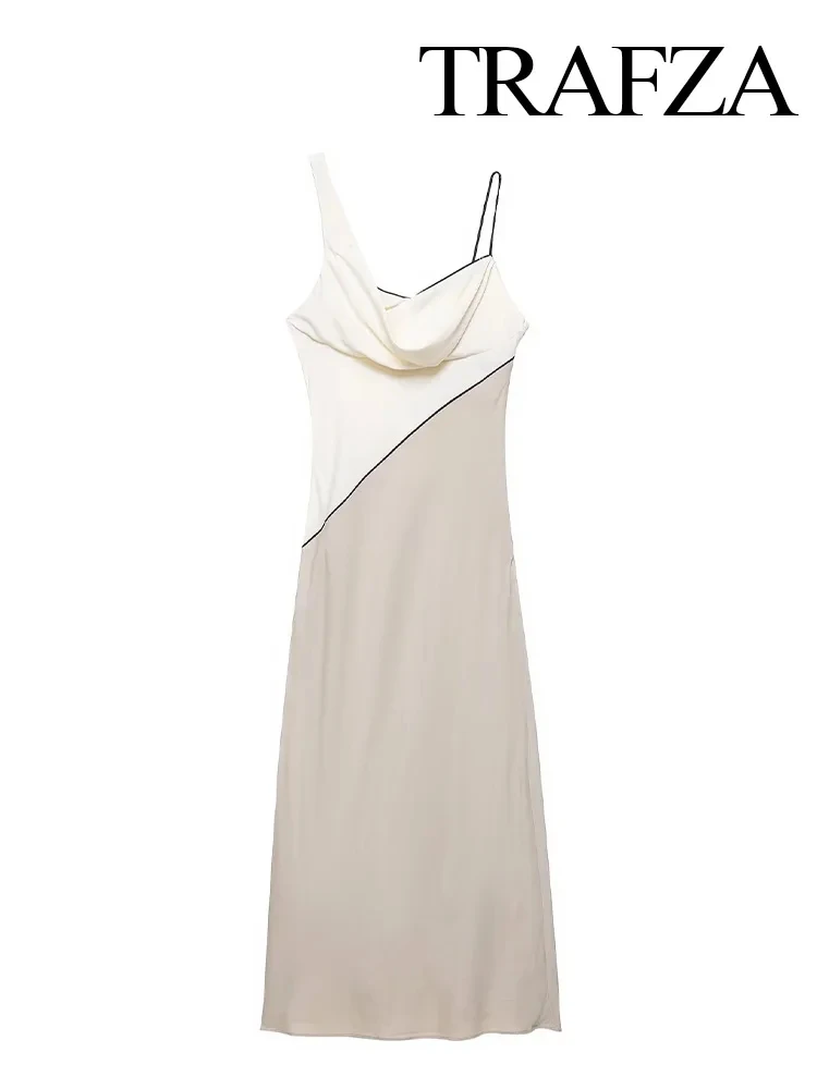TRAFZA 2025 Moda donna Abito impiombato senza maniche scollo a V Slim cerniera laterale Abiti estivi midi Donna sexy Sling Dress Mujer