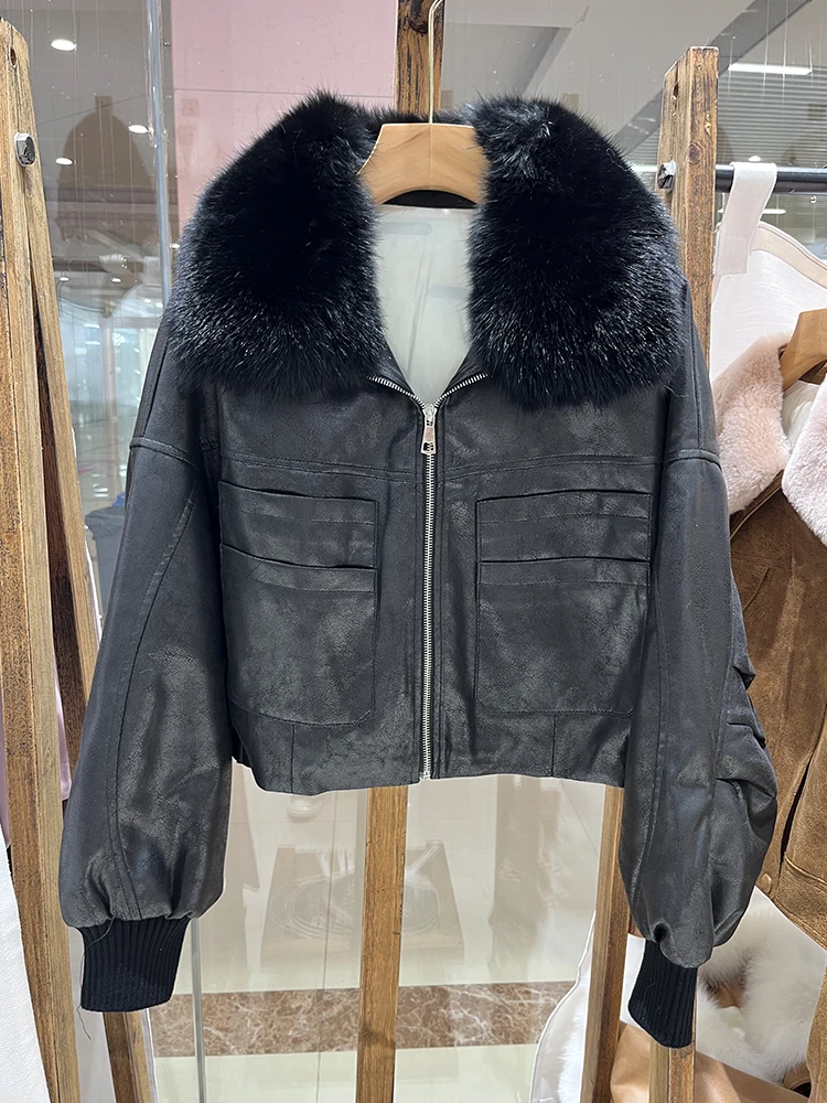 2025年冬 ナチュラルフォックスファー襟 ダックダウンコート レディース ルーズ ラグジュアリー 人工スエード パファージャケット 服