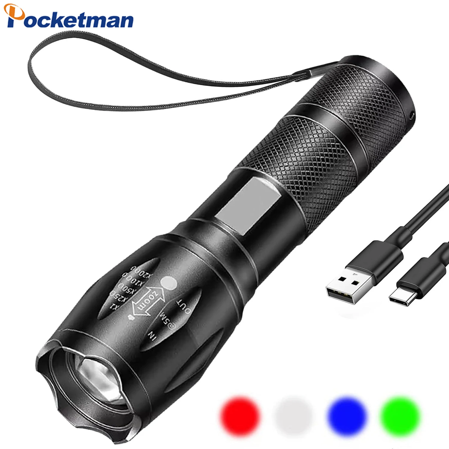 

4 in 1 Red Green Blue White LED Torch Rechargeable Super Bright Adjustable Focus Flashlight 4 Lighting Modes Waterproof Torch