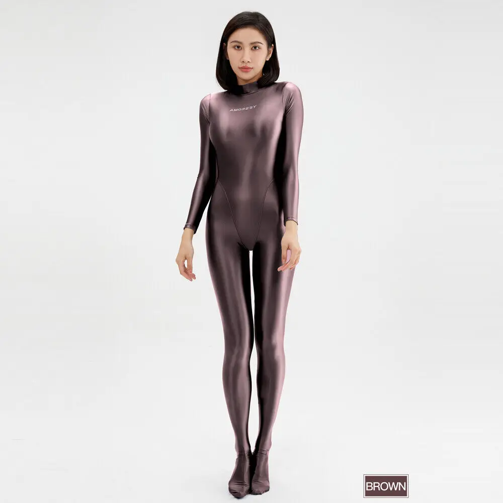 AMORESY Women Shiny Glossy Bodysuits Wetlook Catsuit Competitive Zipper Leotards Satin Long Sleeve Overall Zentai Yoga Jumpsuits